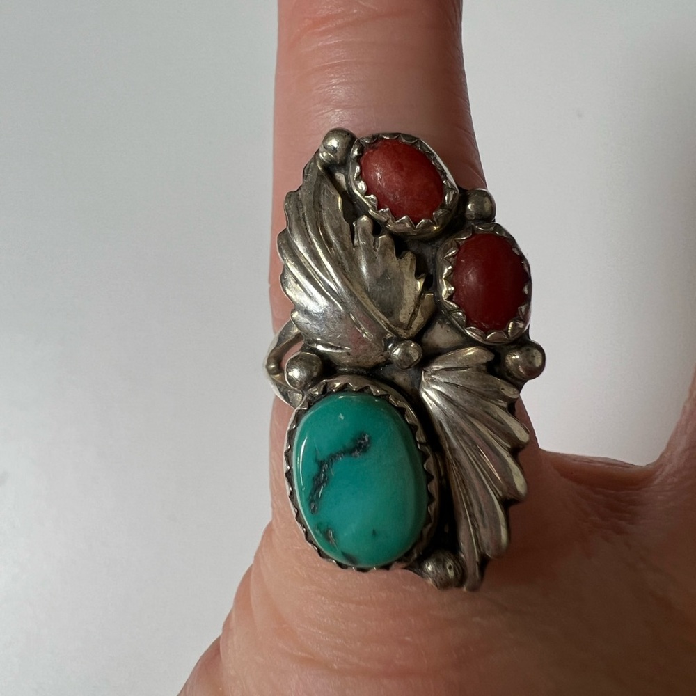 Turquoise & Double Coral Sterling Silver 925 Ring, Size 5